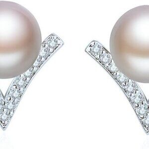 Elegant White Pearl Cubic Zirconia Stud Earrings with Silver Plating - Perfect G